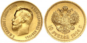 Russia 10 Roubles 1904 (AP) St. Petersburg. Nicholas II (1894-1917). Pvverse: Head right. Reverse: Crowned double imperial eagle ribbons on crown. Gol...