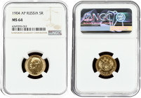 Russia 5 Roubles 1904 (AP) St. Petersburg. Nicholas II (1894-1917). Obverse: Head right. Reverse: Crowned double imperial eagle ribbons on crown. Gold...