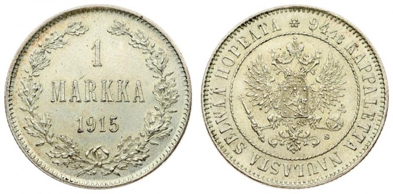 Russia For Finland 1 Markka 1915 S Nicholas II (1894-1917). Crowned imperial dou...