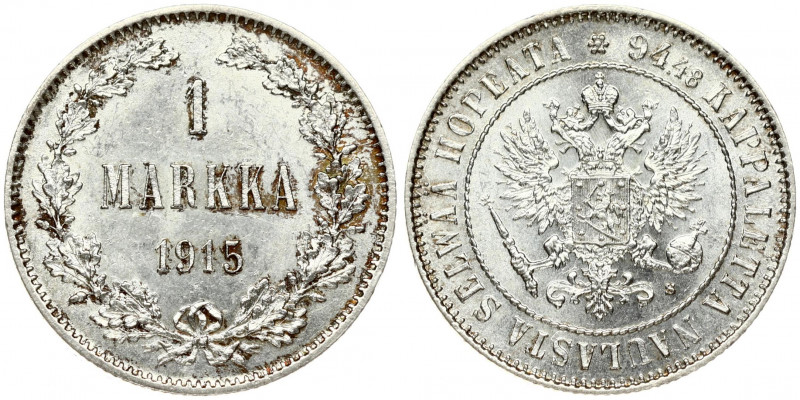 Russia For Finland 1 Markka 1915 S Nicholas II (1894-1917). Crowned imperial dou...