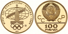 Russia 100 Roubles 1977(M) 1980 Olympics. Obverse: National arms divide CCCP with value below. Reverse: Moscow Olympic's logo; sprig within world glob...