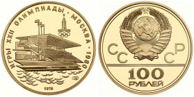 Russia 100 Roubles 1978(L) 1980 Olympics. Obverse: National arms divide CCCP with value below. Reverse: Waterside Grandstand. Gold 17.28g. Y 162