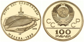 Russia 100 Roubles 1979(L) 1980 Olympics. Obverse: National arms divide CCCP with value below. Reverse: Velodrome Building. Gold 17.28g. Y 173