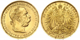 Austria 20 Corona 1892 - MDCCCXCII Franz Joseph I(1848-1916). Obverse: Laureate; bearded head right. Reverse: Crowned imperial double eagle. Gold 6.76...