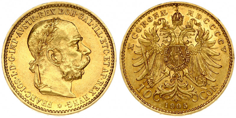 Austria 10 Corona 1905 - MDCCCCV Franz Joseph I(1848-1916). Obverse: Laureate; b...