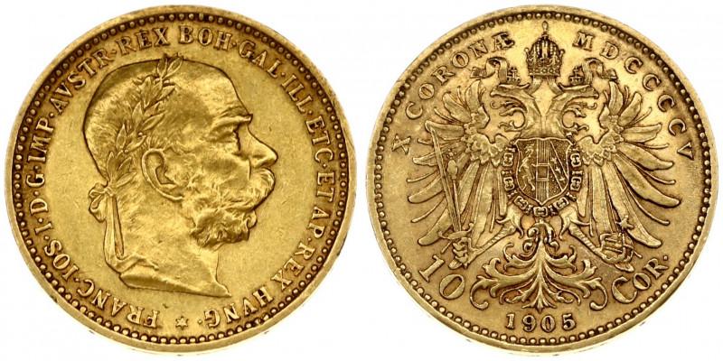 Austria 10 Corona 1905 - MDCCCCV Franz Joseph I(1848-1916). Obverse: Laureate; b...