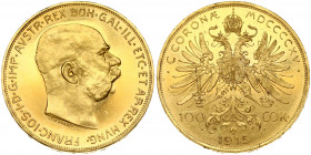 Austria 100 Corona MDCCCCXV 1915 Restrike. Franz Joseph I(1848-1916). Obverse: Head right. Reverse: Crowned double eagle; tail dividing value; date at...