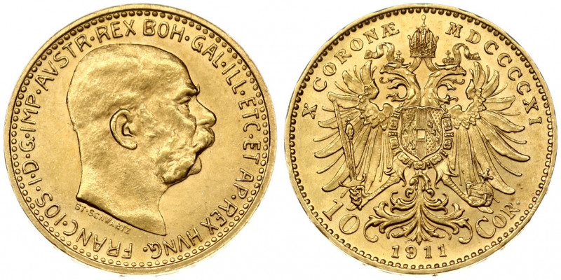 Austria 10 Corona 1911 - MDCCCCXI Franz Joseph I(1848-1916). Obverse: Large righ...