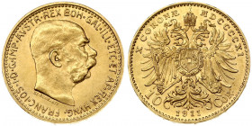 Austria 10 Corona 1911 - MDCCCCXI Franz Joseph I(1848-1916). Obverse: Large right. Reverse: Crowned double eagle; date and value at bottom Gold 3.38g....