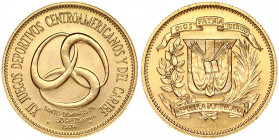 Dominican Republic 30 Pesos 1974 12th Central American and Caribbean Games. Obverse: National arms. Reverse: Games symbol; denomination and date below...