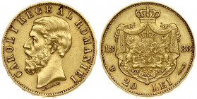 Romania 20 Lei 1883B Carol I(1866-1914). Obverse: Head left. Averse Legend: CAROL I REGE (King). Reverse: Crowned arms with supporters within crowned ...