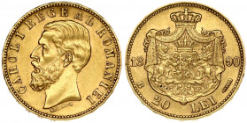 Romania 20 Lei 1890B Carol I(1866-1914). Obverse: Head left. Averse Legend: CAROL I REGE (King). Reverse: Crowned arms with supporters within crowned ...