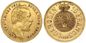 Sweden 1 Carolin 1868 Carl XV Adolf(1859-1872). Obverse: Head right. Obverse Legend: CARL XV SVERIGES... Reverse: 3 Crowns within round shield; crown ...
