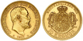 Sweden 10 Kronor 1901 EB Oscar II(1872-1907). Obverse: Large head right. Reverse: Crowned and mantled arms. Gold 4.47g. KM 767