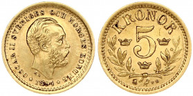 Sweden 5 Kronor 1894 EB Oscar II(1872-1907). Obverse: Head right. Obverse Legend: OSCAR II SVERIGES... Reverse: Value; 3 crowns above sprigs. Gold 2.2...