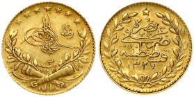 Turkey 25 Kurush 1327//3-1911. Muhammad V(1909-1918). Obverse: Toughra; 'Reshat' to right. Reverse: Inscription and date within wreath; star on top. G...