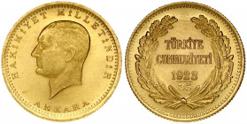Turkey 100 Kurush 1923/35-1958 Obverse: Head of Atatürk left. Reverse: Legend and date within wreath. Gold 7.17g. KM 855
