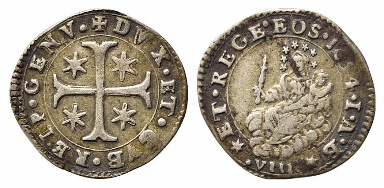 GENOVA. Dogi Biennali III fase (1637-1797). 8 soldi 1654 sigle IAB. Ag (1,93 g)....