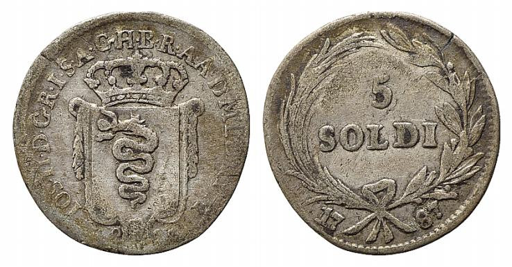 MILANO. Giuseppe II d'Asburgo (1780-1790). 5 soldi 1787 Ag (1,37 g). MIR 450/4 R...