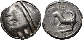 CELTIC, Central Gaul. Sequani. Circa 100-50 BC. Cast unit (Potin, 19 mm, 5.10 g, 4 h). 'Diademed' celticized head to left, wearing torques. Rev. Horne...