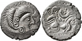 CELTIC, Northwest Gaul. Coriosolites. circa 100-50 BC. Stater (Billon, 22 mm, 6.86 g, 5 h). Celticized head of Apollo to right. Rev. Celticized driver...