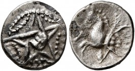 CELTIC, Central Europe. Boii. 1st century BC. Obol (Silver, 9 mm, 0.46 g). Pentagram with a central pellet. Rev. Stylized forepart of pegasos to left....