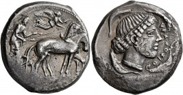 SICILY. Syracuse. Second Democracy , 466-405 BC. Tetradrachm (Silver, 25 mm, 16.88 g, 11 h), circa 450-440. Charioteer driving quadriga walking to rig...