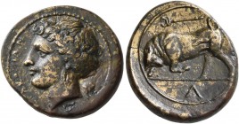SICILY. Syracuse. Fourth Democracy , 289-287 BC. Hemilitron (Bronze, 18 mm, 3.76 g, 3 h). ΣYPAKOΣIΩN Head of Kore to left, wearing wreath of grain, ea...