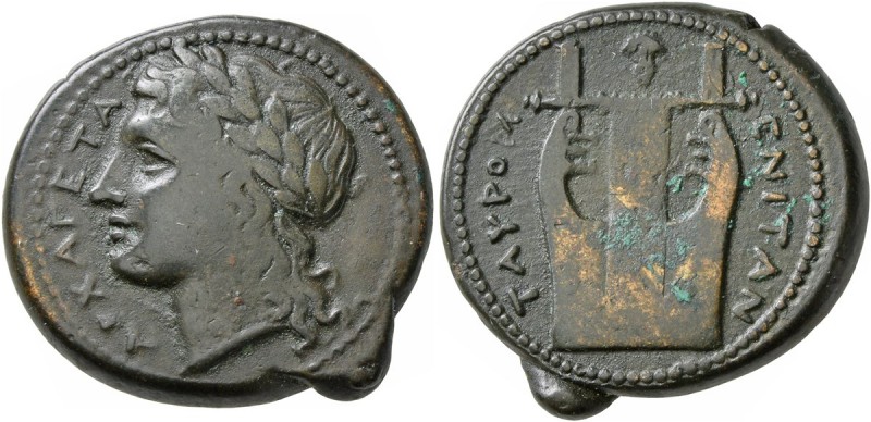 SICILY. Tauromenion. 344-339/8 BC. Hemilitron (Bronze, 22 mm, 8.74 g, 1 h). APXA...