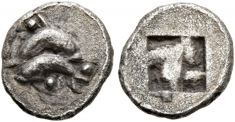 ISLANDS OFF THRACE, Thasos. Circa 500-480 BC. Obol (Silver, 9 mm, 0.53 g). Two d...