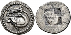 MACEDON. Eion. Circa 460-400 BC. Trihemiobol (Silver, 12 mm, 0.98 g). Goose standing right, head left; above, lizard left. Rev. Quadripartite incuse s...