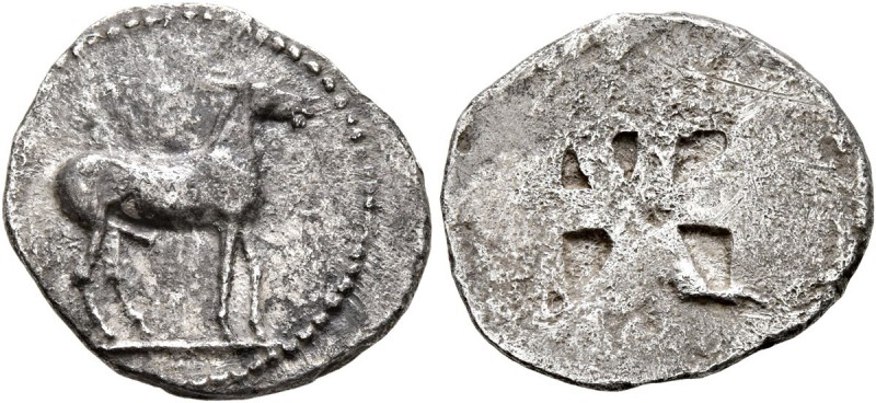 MACEDON. Mende. Circa 510-480 BC. Tetrobol (Silver, 16 mm, 1.67 g). Donkey stand...