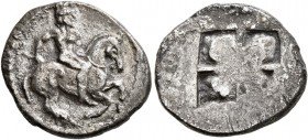MACEDON. Sermyle. Circa 500-470 BC. Tetrobol (Silver, 16 mm, 2.39 g). Bearded and nude horseman to right, holding spear in his right hand. Rev. Quadri...