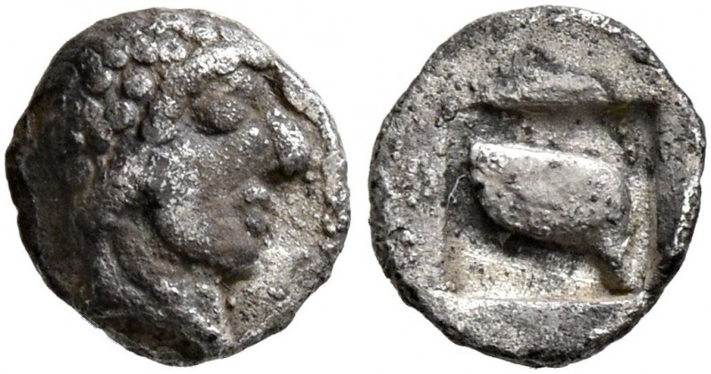 MACEDON. Skione. Circa 480-454/3 BC. Hemiobol (Silver, 6 mm, 0.22 g). Male head ...
