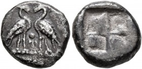MACEDON. Uncertain. Circa 500-480 BC. Triobol (?) (Silver, 11 mm, 1.90 g). Two geese standing facing one another; between them, pellet. Rev. Quadripar...