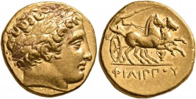 KINGS OF MACEDON. Philip II, 359-336 BC. Stater (Gold, 18 mm, 8.61 g, 11 h), Pella, struck under Philip II or Alexander III, circa 340-328. Laureate h...