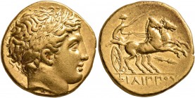 KINGS OF MACEDON. Philip II, 359-336 BC. Stater (Gold, 18 mm, 8.59 g, 6 h), Pella, struck under Philip II or Alexander III, circa 340-328. Laureate he...