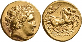 KINGS OF MACEDON. Philip II, 359-336 BC. Stater (Gold, 18 mm, 8.54 g, 4 h), Lampsakos, struck by Leonnatos, Arrhidaios, or Antigonos I Monophthalmos, ...