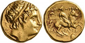 KINGS OF MACEDON. Demetrios I Poliorketes, 306-283 BC. Stater (Gold, 18 mm, 8.56 g, 11 h), uncertain mint on Euboea (?), after circa 290. Diademed and...