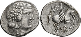 KORKYRA. Korkyra. Roman rule , circa 229-48 BC. Drachm (Silver, 20 mm, 4.30 g, 1 h). Head of Dionysos to right, wearing wreath of ivy. Rev. Pegasus fl...