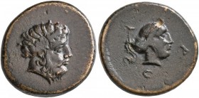 THESSALY. Phalanna. Circa 360-340 BC. Chalkous (Bronze, 16 mm, 3.51 g, 1 h). Head of Zeus Peloris to right. Rev. Φ-A-Λ Head of a nymph to right. BCD T...