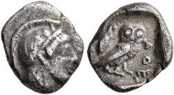 ATTICA. Athens. Circa 465/2-454 BC. Obol (Silver, 9 mm, 0.64 g, 6 h). Head of Athena to right, wrearing crested Attic helmet decorated with three oliv...