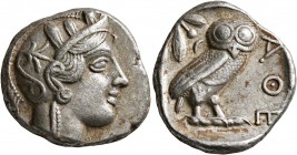 ATTICA. Athens. Circa 430s-420s BC. Tetradrachm (Silver, 25 mm, 16.91 g, 9 h). Head of Athena to right, wearing crested Attic helmet decorated with th...