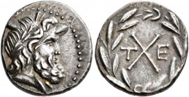 ACHAIA, Achaian League. Tegea. Circa 191-146 BC. Tetrobol (Silver, 15 mm, 2.39 g, 12 h). Laureate head of Zeus to right. Rev. Achaian League monogram;...