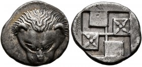 CIMMERIAN BOSPOROS. Pantikapaion. Circa 450-438/7 BC. Diobol (Silver, 13 mm, 1.76 g). Facing head of a lion. Rev. Quadripartite incuse square with win...