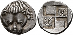 CIMMERIAN BOSPOROS. Pantikapaion. Circa 450-438/7 BC. Diobol (Silver, 14 mm, 1.79 g). Facing head of a lion. Rev. Quadripartite incuse square with win...