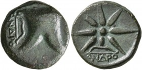 PONTOS. Uncertain. Time of Mithradates VI, circa 130-100 BC. AE (Bronze, 19 mm, 6.26 g, 12 h). Bashlyk left; to left, bow and ANΔPO. Rev. Eight-rayed ...