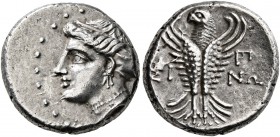 PAPHLAGONIA. Sinope. late 4th-3rd century BC. Hemidrachm (Silver, 14 mm, 3.03 g, 1 h). Head of a nymph to left, hair in sakkos, wearing triple-pendant...