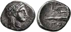 BITHYNIA. Kios. Circa 350-300 BC. Diobol (Silver, 11 mm, 1.13 g, 1 h), Miletos, magistrate. Laureate head of Apollo to right. Rev. [MIΛH]-TOΣ Prow of ...