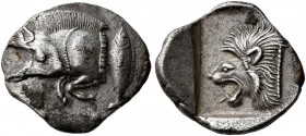 MYSIA. Kyzikos. Circa 450-400 BC. Obol (Silver, 12 mm, 0.86 g, 6 h). Forepart of boar to left; to right, tunny upward. Rev. Head of lion to left withi...